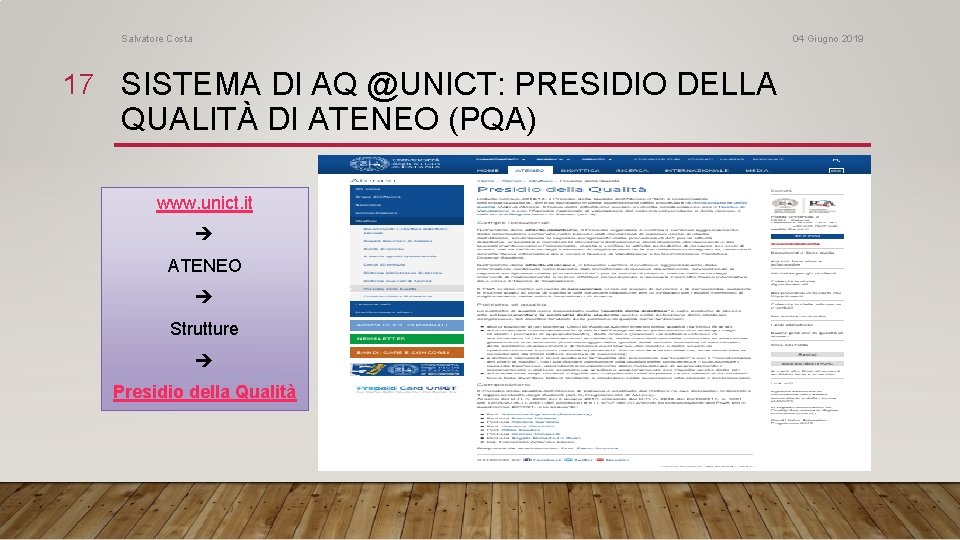 Salvatore Costa 04 Giugno 2019 17 SISTEMA DI AQ @UNICT: PRESIDIO DELLA QUALITÀ DI