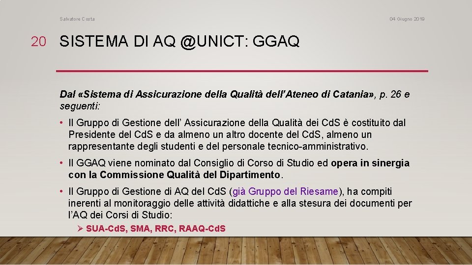 Salvatore Costa 04 Giugno 2019 20 SISTEMA DI AQ @UNICT: GGAQ Dal «Sistema di