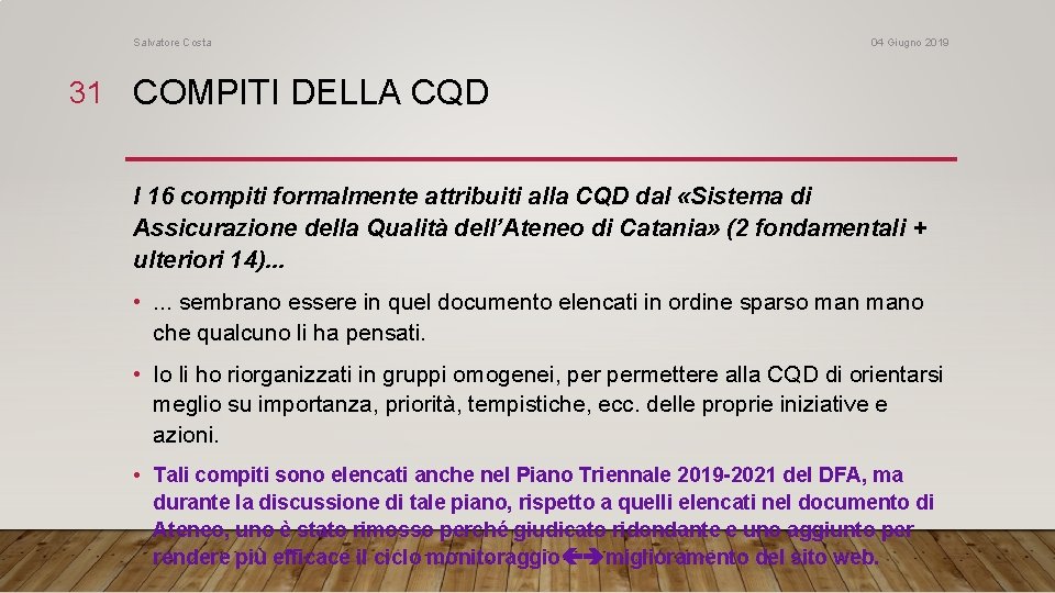 Salvatore Costa 04 Giugno 2019 31 COMPITI DELLA CQD I 16 compiti formalmente attribuiti