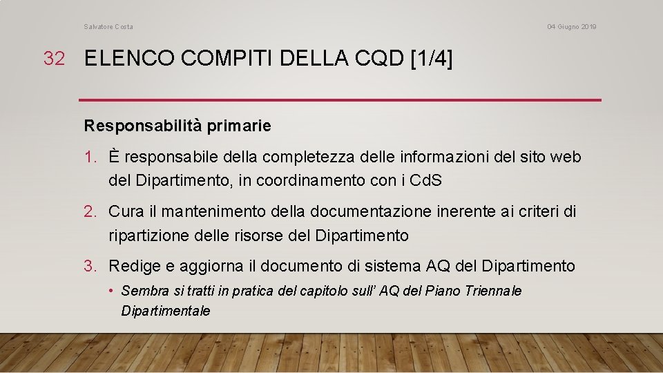 Salvatore Costa 04 Giugno 2019 32 ELENCO COMPITI DELLA CQD [1/4] Responsabilità primarie 1.