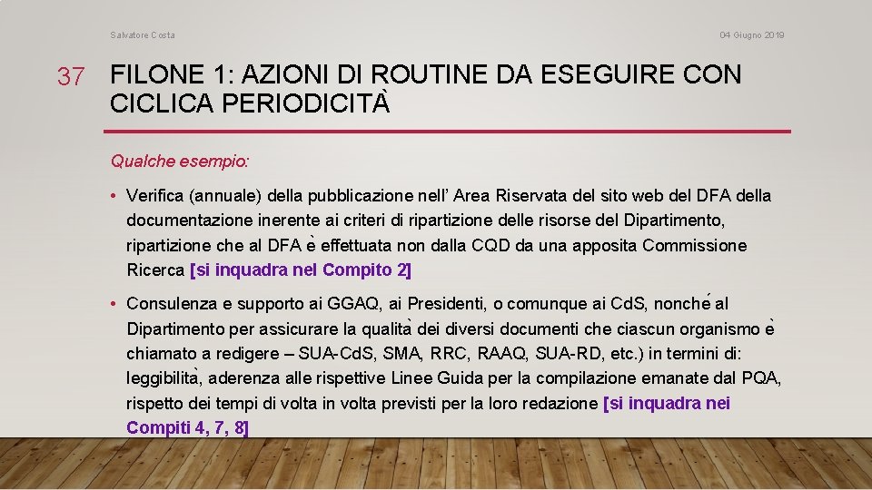 Salvatore Costa 04 Giugno 2019 37 FILONE 1: AZIONI DI ROUTINE DA ESEGUIRE CON