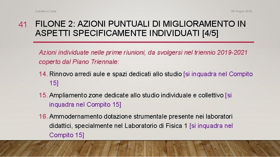 Salvatore Costa 04 Giugno 2019 41 FILONE 2: AZIONI PUNTUALI DI MIGLIORAMENTO IN ASPETTI