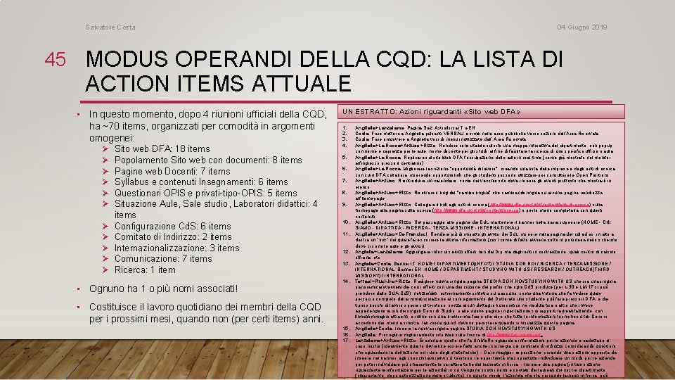 Salvatore Costa 04 Giugno 2019 45 MODUS OPERANDI DELLA CQD: LA LISTA DI ACTION