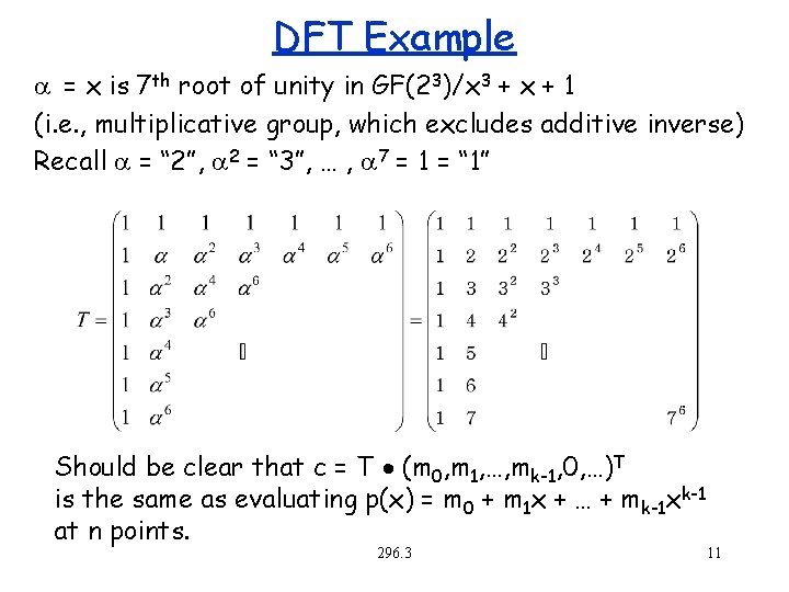 DFT Example = x is 7 th root of unity in GF(23)/x 3 +