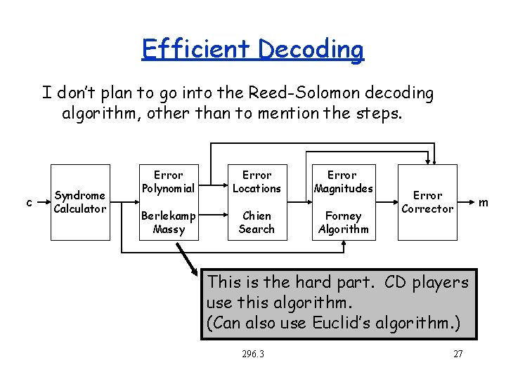 Efficient Decoding I don’t plan to go into the Reed-Solomon decoding algorithm, other than