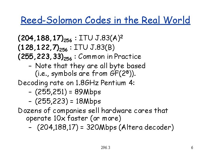 Reed-Solomon Codes in the Real World (204, 188, 17)256 : ITU J. 83(A)2 (128,