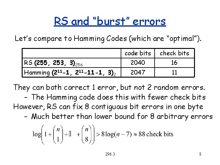 RS and “burst” errors Let’s compare to Hamming Codes (which are “optimal”). code bits