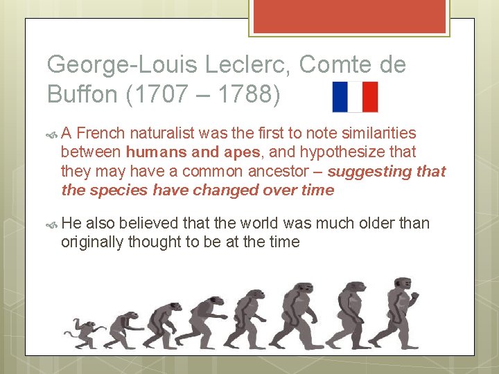 George-Louis Leclerc, Comte de Buffon (1707 – 1788) A French naturalist was the first