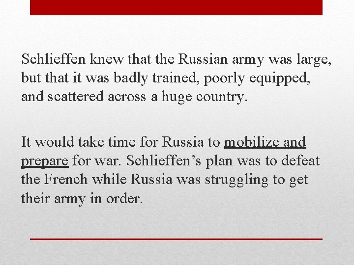 Schlieffen knew that the Russian army was large, but that it was badly trained,