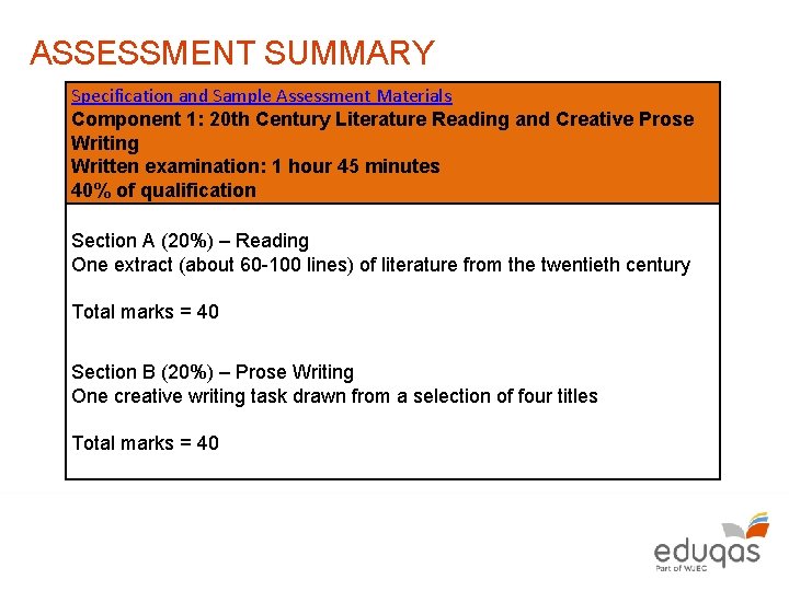 ASSESSMENT SUMMARY Specification and Sample Assessment Materials Component 1: 20 th Century Literature Reading