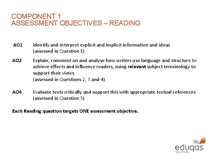 COMPONENT 1 ASSESSMENT OBJECTIVES – READING AO 1 Identify and interpret explicit and implicit