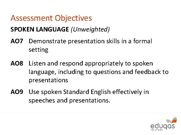 Assessment Objectives SPOKEN LANGUAGE (Unweighted) AO 7 Demonstrate presentation skills in a formal setting