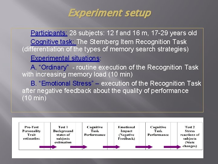 Experiment setup Participants: 28 subjects: 12 f and 16 m, 17 -29 years old