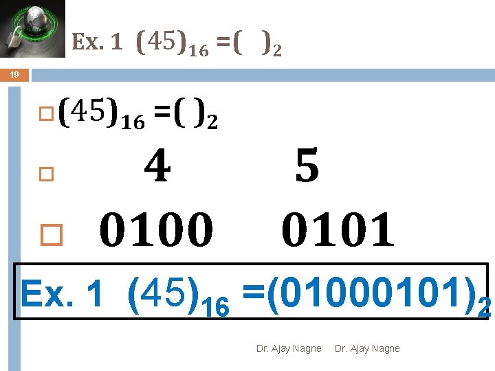 Ex. 1 (45)16 =( )2 19 (45)16 =( )2 4 0100 5 0101 Ex.