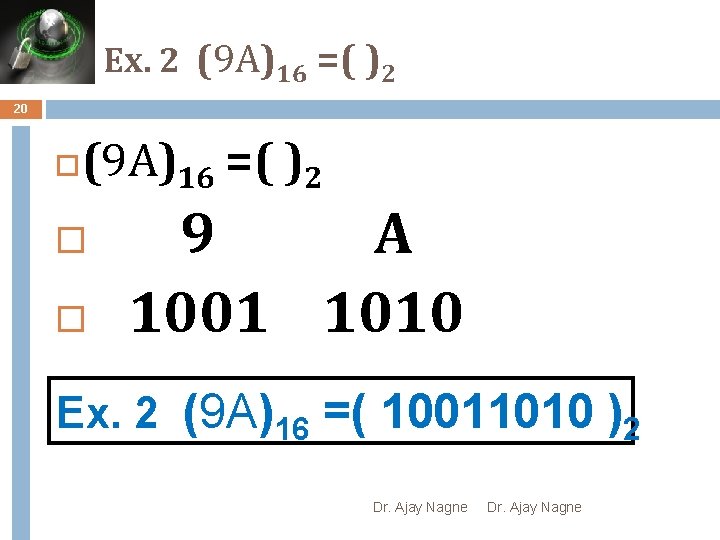Ex. 2 (9 A)16 =( )2 20 (9 A)16 =( )2 9 A 1001
