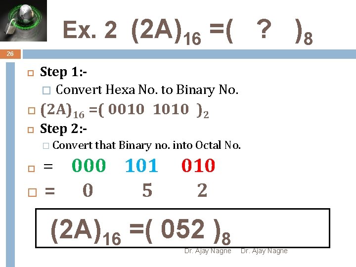 Ex. 2 (2 A)16 =( ? )8 26 Step 1: � Convert Hexa No.