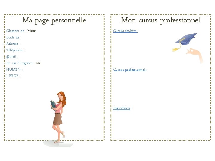 Ma page personnelle Classeur de : Mme Ecole de : Adresse : Téléphone :