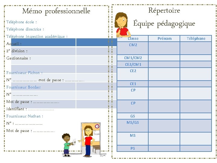 Mémo professionnelle Téléphone école : Téléphone directrice : Téléphone Inspection académique : Accueil :