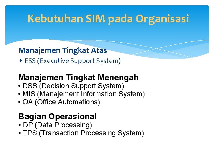 Kebutuhan SIM pada Organisasi Manajemen Tingkat Atas • ESS (Executive Support System) Manajemen Tingkat