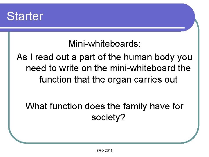 Starter Mini-whiteboards: As I read out a part of the human body you need