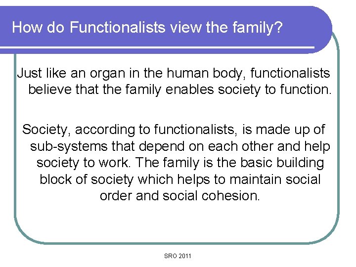 How do Functionalists view the family? Just like an organ in the human body,