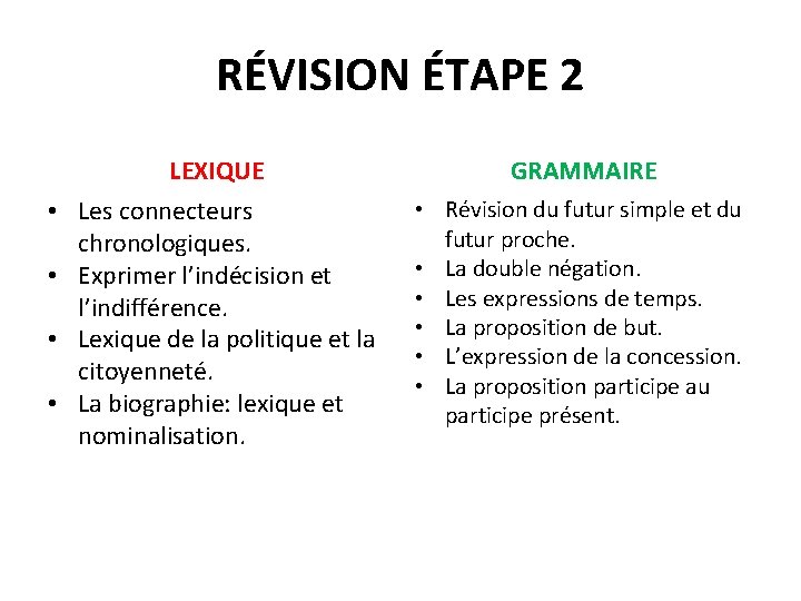 RÉVISION ÉTAPE 2 • • LEXIQUE Les connecteurs chronologiques. Exprimer l’indécision et l’indifférence. Lexique