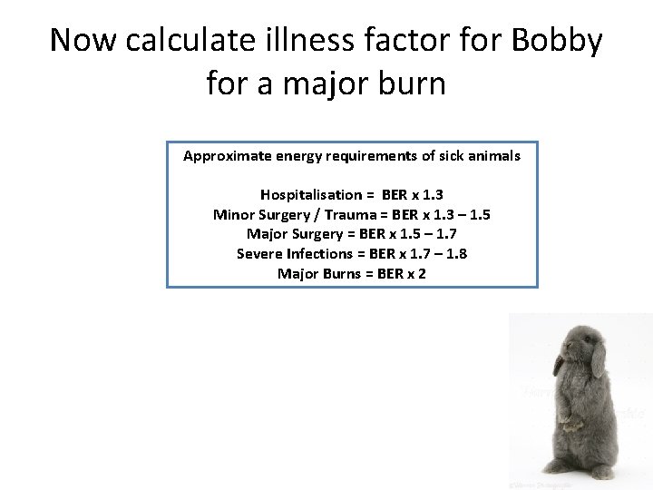 Now calculate illness factor for Bobby for a major burn Approximate energy requirements of