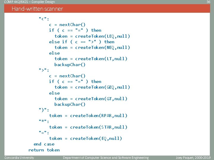 COMP 442/6421 – Compiler Design 36 Hand-written scanner "<": c = next. Char() if