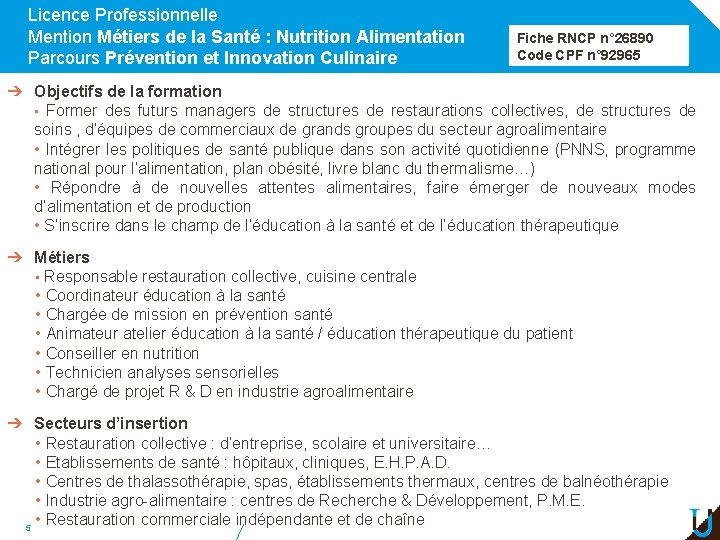 Licence Professionnelle Mention Métiers de la Santé : Nutrition Alimentation Parcours Prévention et Innovation