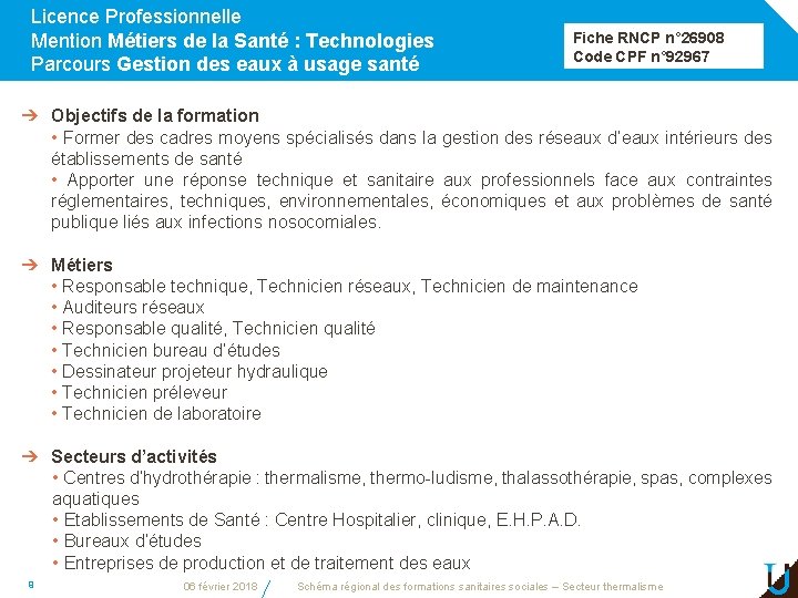 Licence Professionnelle Mention Métiers de la Santé : Technologies Parcours Gestion des eaux à