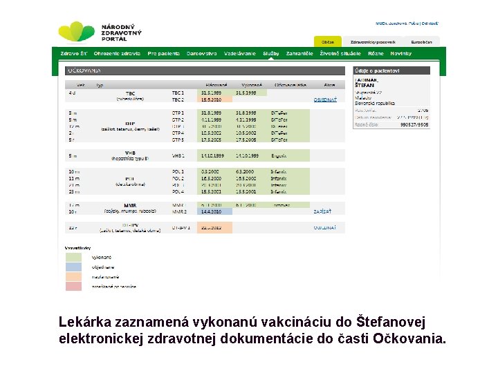 Lekárka zaznamená vykonanú vakcináciu do Štefanovej elektronickej zdravotnej dokumentácie do časti Očkovania. 