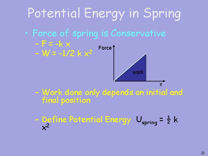 Potential Energy in Spring • Force of spring is Conservative – F = -k