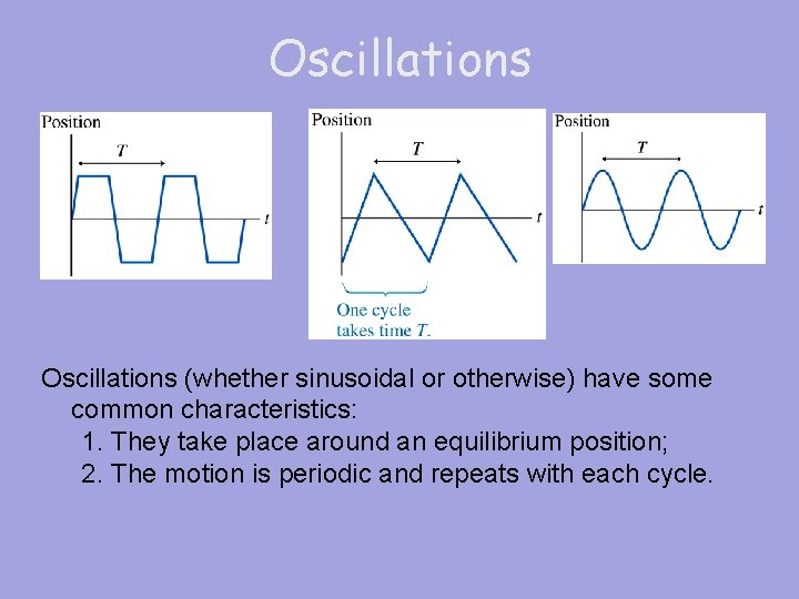 Oscillations (whether sinusoidal or otherwise) have some common characteristics: 1. They take place around