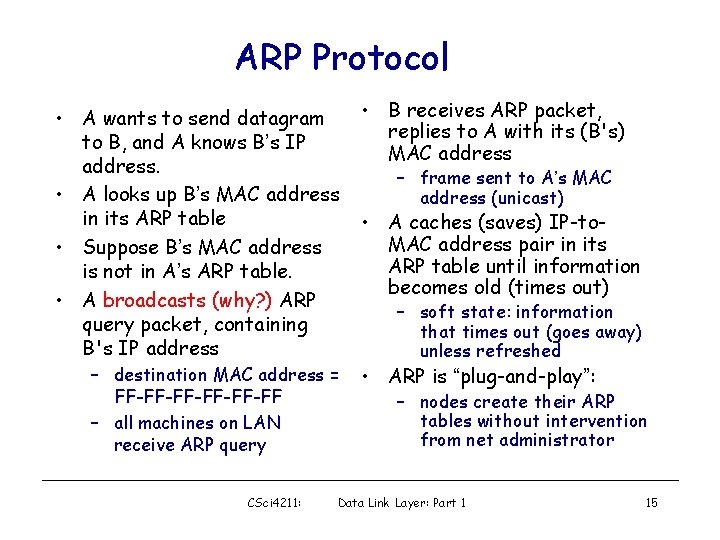 ARP Protocol • A wants to send datagram to B, and A knows B’s