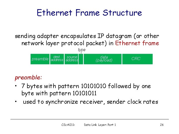 Ethernet Frame Structure sending adapter encapsulates IP datagram (or other network layer protocol packet)