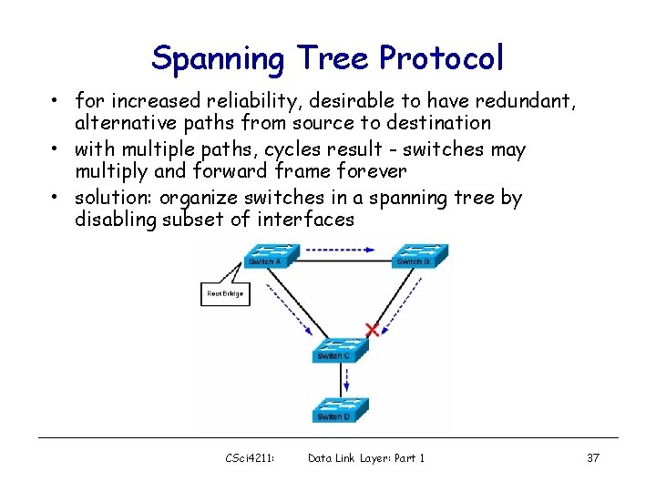 Spanning Tree Protocol • for increased reliability, desirable to have redundant, alternative paths from