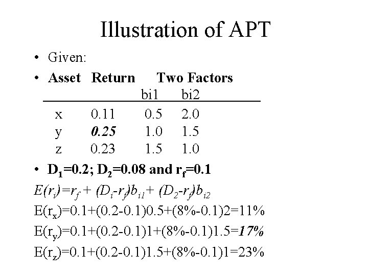Illustration of APT • Given: • Asset Return Two Factors bi 1 bi 2