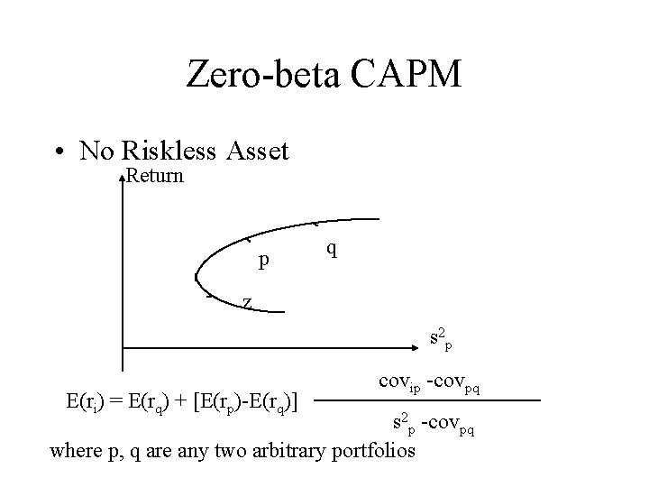 Zero-beta CAPM • No Riskless Asset Return p q z s 2 p E(ri)