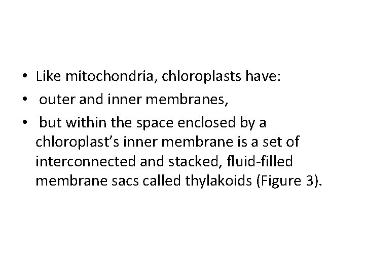  • Like mitochondria, chloroplasts have: • outer and inner membranes, • but within