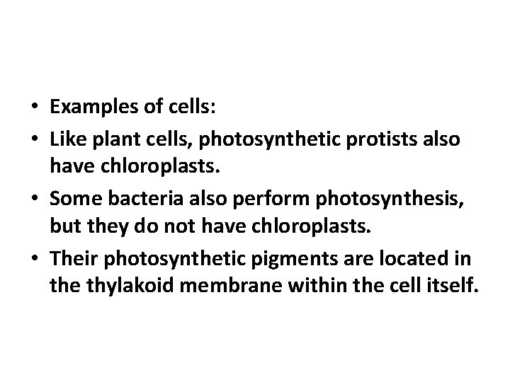  • Examples of cells: • Like plant cells, photosynthetic protists also have chloroplasts.