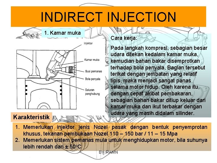 INDIRECT INJECTION 1. Kamar muka Karakteristik Cara kerja: Pada langkah kompresi, sebagian besar udara