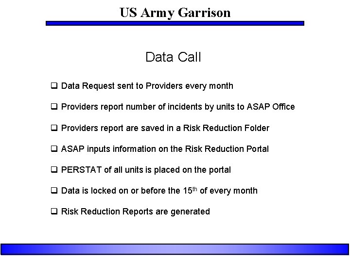 US Army Garrison Data Call q Data Request sent to Providers every month q