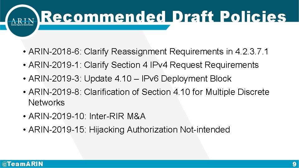 Recommended Draft Policies • ARIN-2018 -6: Clarify Reassignment Requirements in 4. 2. 3. 7.
