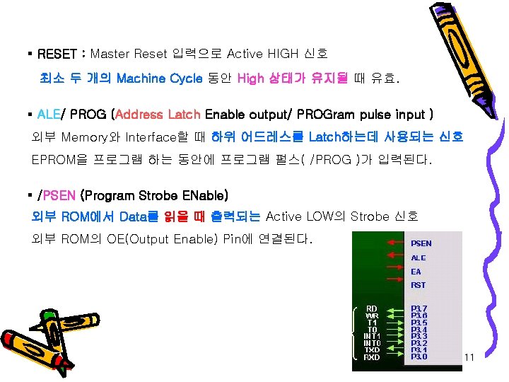 § RESET : Master Reset 입력으로 Active HIGH 신호 최소 두 개의 Machine Cycle § RESET : Master Reset 입력으로 Active HIGH 신호 최소 두 개의 Machine Cycle
