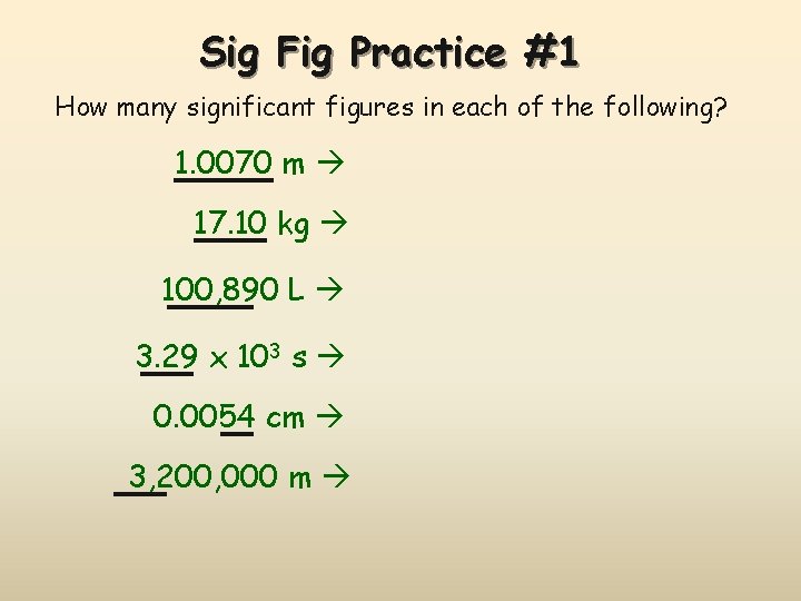 Sig Fig Practice #1 How many significant figures in each of the following? 1.