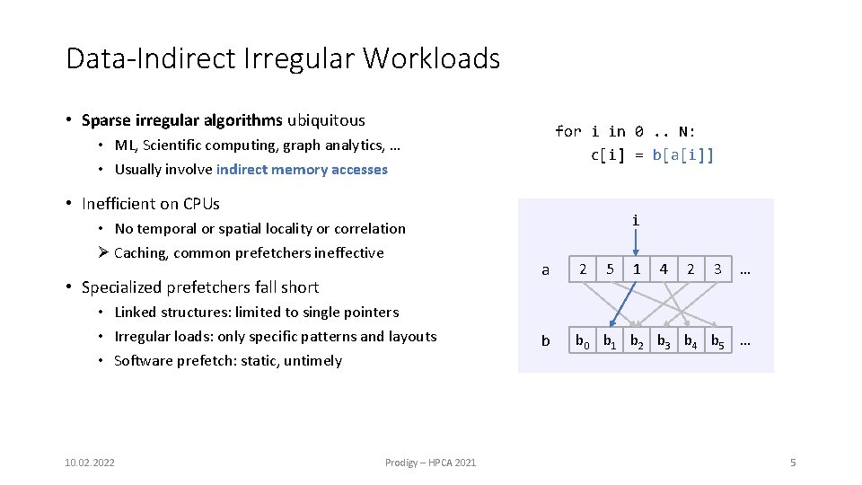 Data-Indirect Irregular Workloads • Sparse irregular algorithms ubiquitous for i in 0. . N: