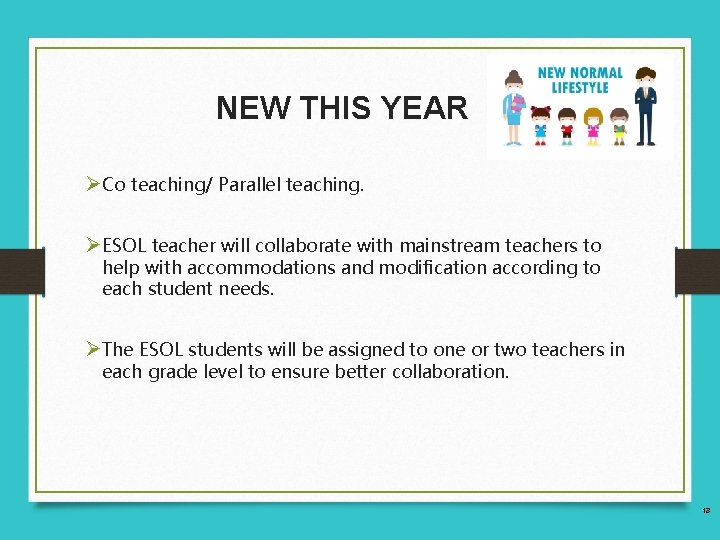 NEW THIS YEAR ØCo teaching/ Parallel teaching. ØESOL teacher will collaborate with mainstream teachers