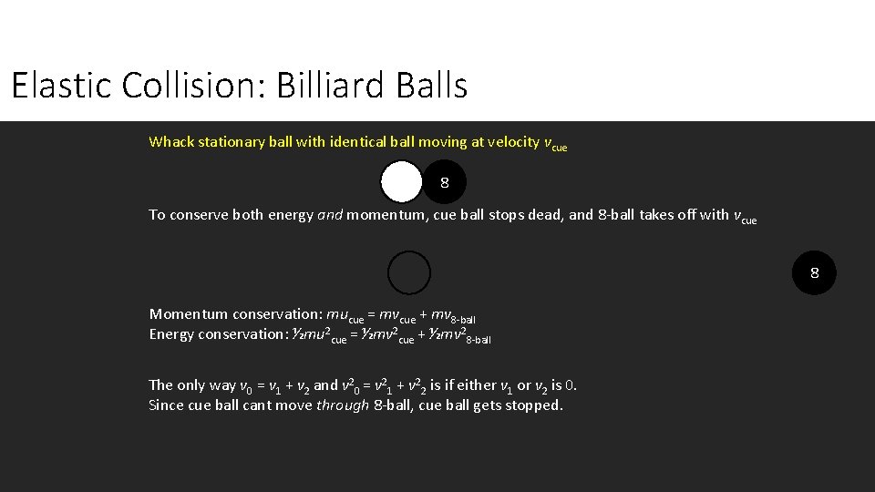 Elastic Collision: Billiard Balls Whack stationary ball with identical ball moving at velocity vcue