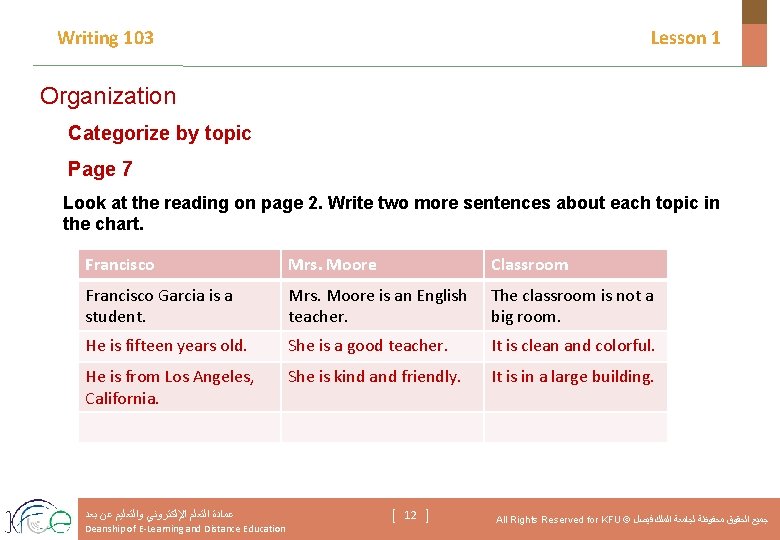 Writing 103 Lesson 1 Organization Categorize by topic Page 7 Look at the reading