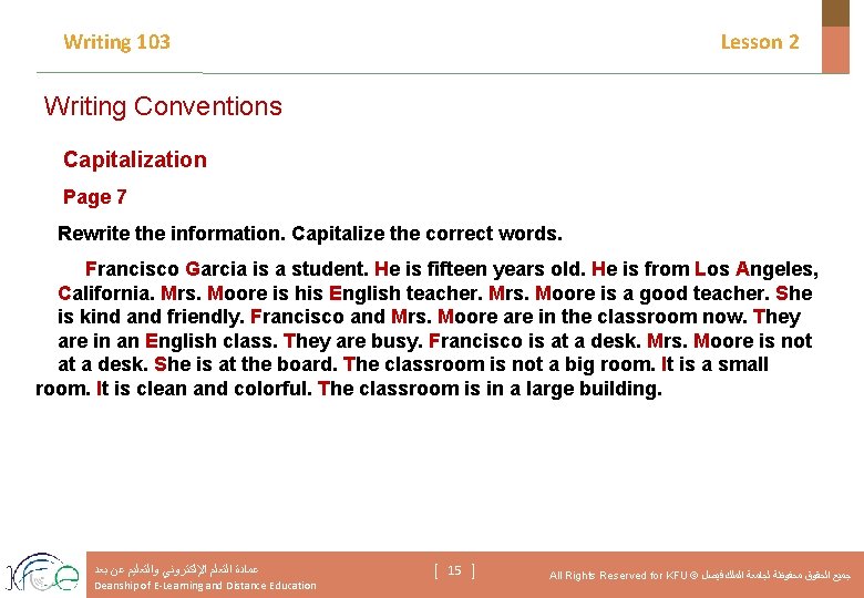 Writing 103 Lesson 2 Writing Conventions Capitalization Page 7 Rewrite the information. Capitalize the